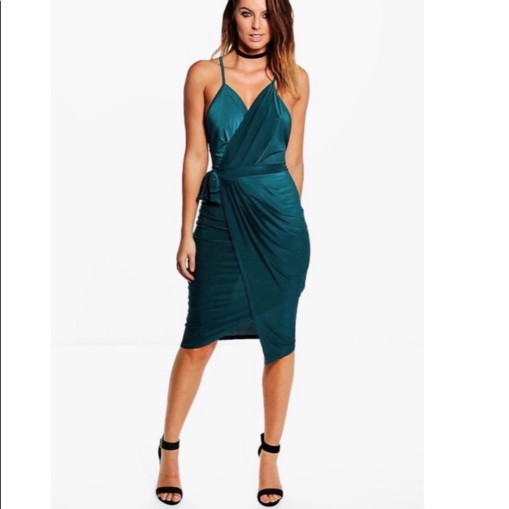 Emerald green open back midi dress